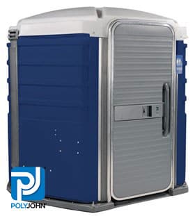 ADA compliant portable toilet unit by PolyJohn – dark blue exterior with silver door, designed for accessibility at public events and construction sites